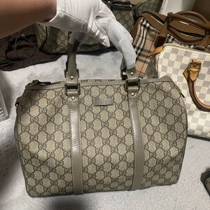 Gucci Beige GG Supreme Canvas Satchel with Taupe Leather Trim